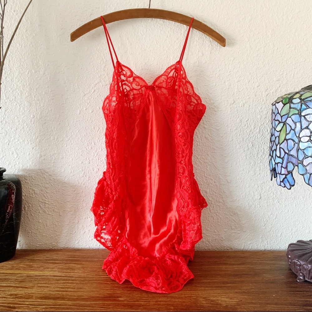 Vintage Scarlet Red Silky Chemise Lingerie Slip